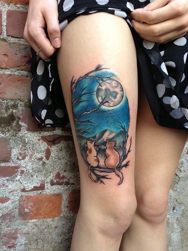 Moon Cat Tattoos On Thigh